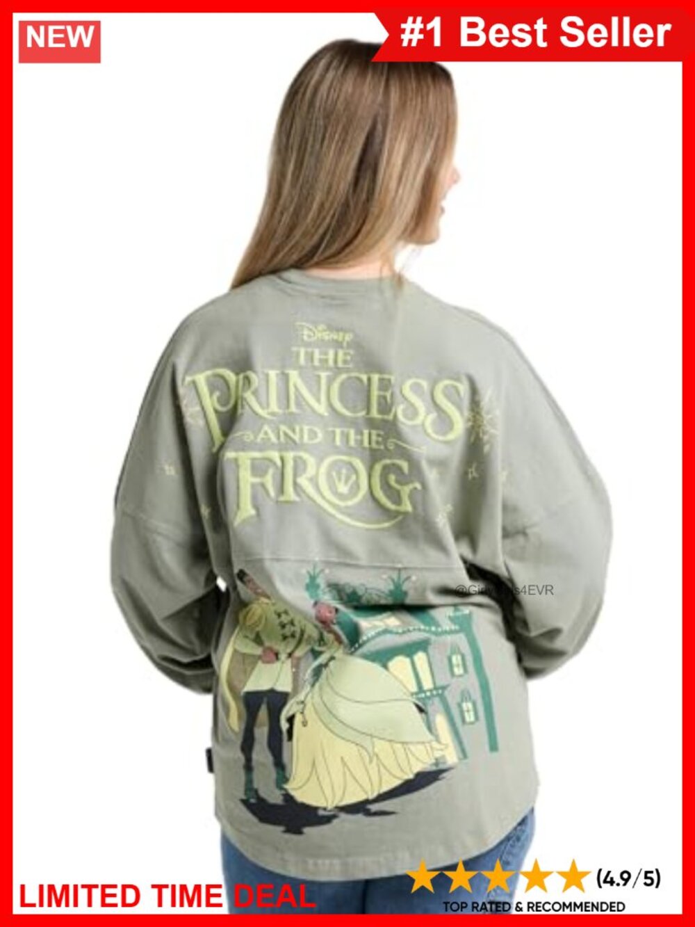 Oversized Long Sleeve Disney Princess Tiana Tee Crew Neck Puff Paint